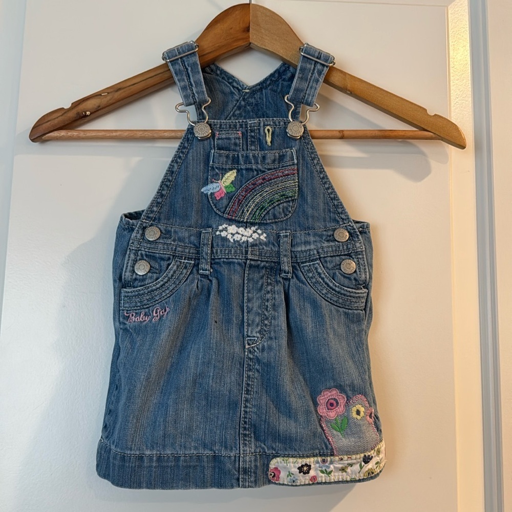 Baby Gap Embroidered 6-12 Months Denim Overall Dress embroidered rainbow floral